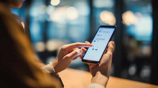 Close up of hands interacting with a smartphone, focusing on a digital banking application. The background is softly blurred, highlighting technology and convenience in everyday life