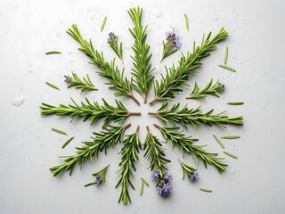 Geometric Arrangement of Rosemary Sprigs and Flowers on a Clean Surface