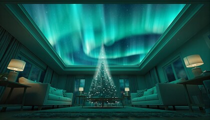 A luxurious living room with a Christmas tree under a vibrant aurora borealis display in the ceiling