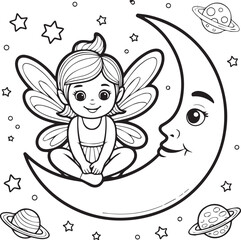 Fototapeta premium Smiling fairy sitting on moon in space surrounding with planets and stars