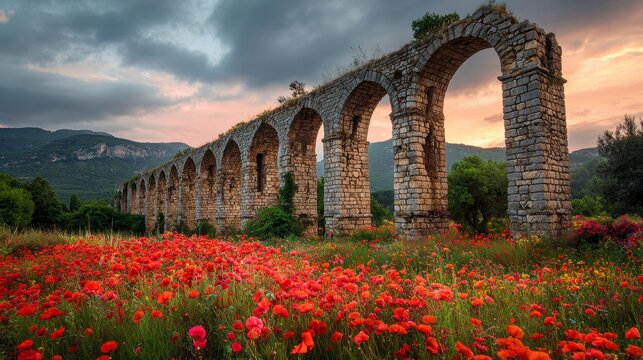 Ancient stone aqueduct with arches, poppies, distant mountains, and dramatic sunset clouds - Powered by Adobe