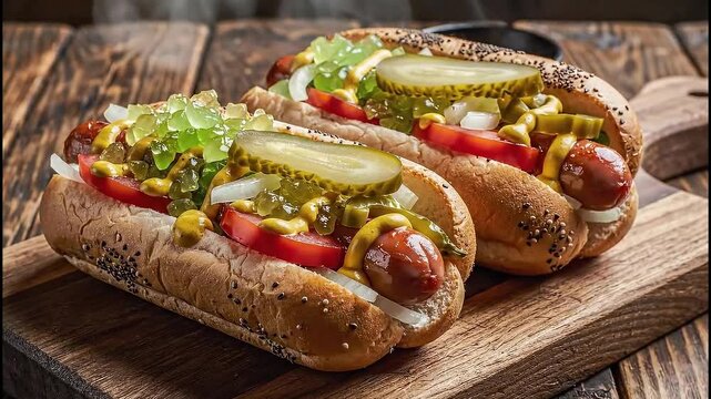 Two classic Chicago hot dog topped with mustard, relish, onions, tomato slices, pickle spear, and peppers on wooden table