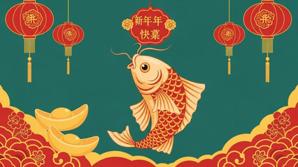 Vibrant red and gold koi fish swims amidst chinese lanterns and waves on festive teal background with asian inspired floral patterns