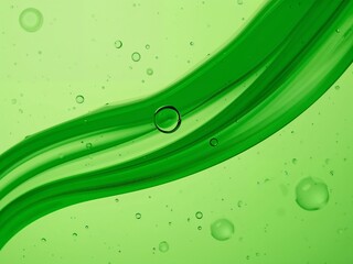 Abstract green liquid wave with bubbles, glossy gradient background, fresh cosmetic or science concept.