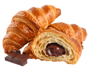 Delicious fresh croissants and half with chocolate inside isolated on transparent png