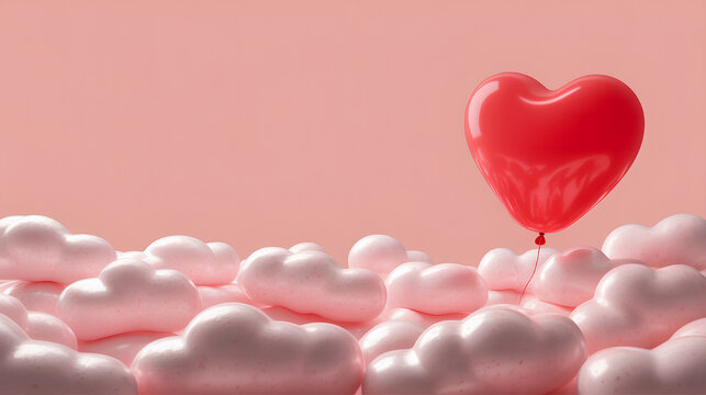 Red heart balloon over marshmallow clouds on pastel pink background with copy space, valentine love romantic banner