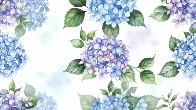 Delicate watercolor hydrangea bouquet pattern with blue and purple blossoms and green leaves
