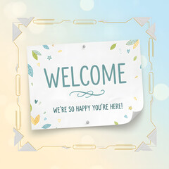 Colorful welcome sign with cheerful design and hand-drawn elements in soft pastel colors