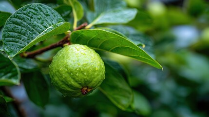 Obraz premium Single Green Apple Covered in Water Droplets on a Branch with Lush Green Leaves
