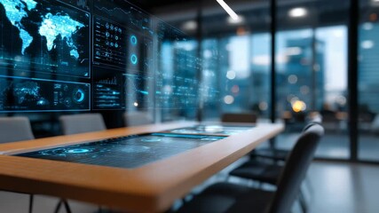 Sleek office environment featuring advanced holographic interfaces and real time data visualization. Ideal setting for technology driven meetings and strategic business planning - Powered by Adobe