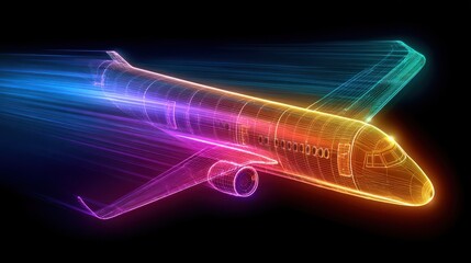 Futuristic airplane in neon lights
