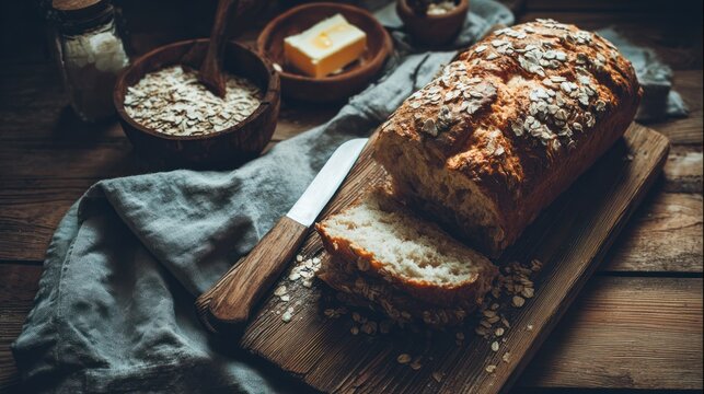 Rustic Oatmeal Bread Loaf on Wooden Cutting Board.