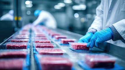 Worker inspecting meat products on conveyor belt