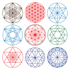 A collection of nine vibrant sacred geometry patterns and mandalas showcasing intricate designs