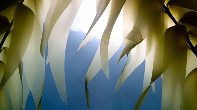 Underwater Video: Kelp Strands Gently Swaying, Natural Ribbon-like Forms Bathed in Soft Light Against Blue Water.
