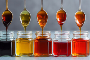 Row of Glass Jars with Colorful Medicinal Syrups and Spoons