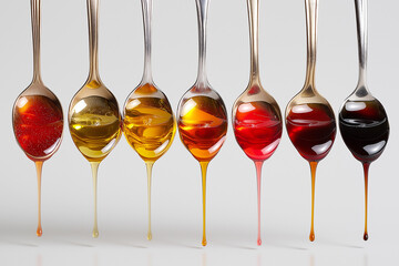 Various Liquid Medications and Supplements Poured from a Sequence of Spoons