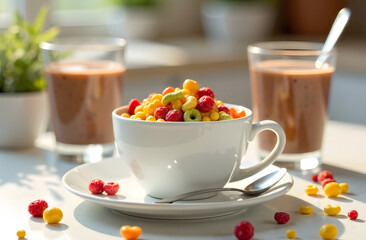 Colorful breakfast bowl with cereal and drinks on a sunny morning table setting