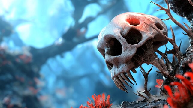 Alien Skull with Fangs in Surreal Landscape Red Plants Blue Sky Fantasy Art.