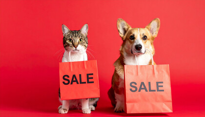 Pet Sale Concept with Dog and Cat Holding Shopping Bags