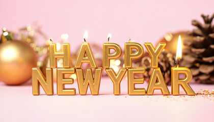 Happy New Year Gold Candle Numbers with Festive Christmas Decorations