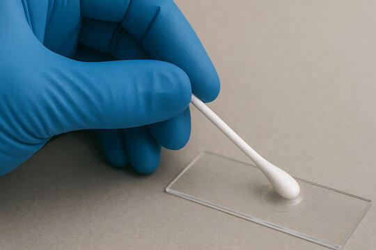 Laboratory technician using a cotton swab to prepare a biological sample on a glass microscope slide