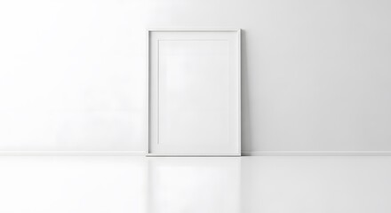 Minimalist interior with blank white frame leaning against wall on reflective floor in clean monochrome modern space
