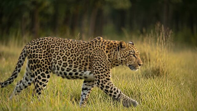 A wild leopard with characteristic spotted fur walks with purpose through a tall grass field. The background shows a blurred forest and the scene is
