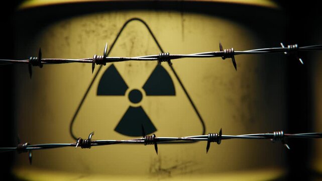 Radioactive Waste Barrels Behind Barbed Wire Fence

