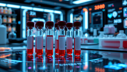 Blood vials with red liquid on futuristic laboratory table with digital interface and medical equipment in background