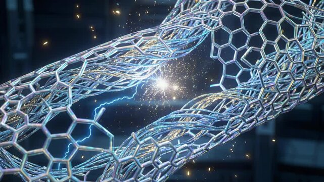 Abstract futuristic digital network structure with electric sparks flowing through a glowing nanotube matrix representing technology and energy flow