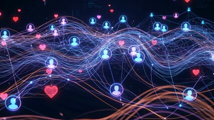 Abstract digital network visualization featuring glowing profile icons and heart symbols connected by lines in blue and orange neon hues against a - Powered by Adobe