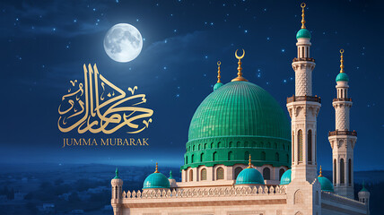 Mosque with Green Dome under Full Moon in Night Sky