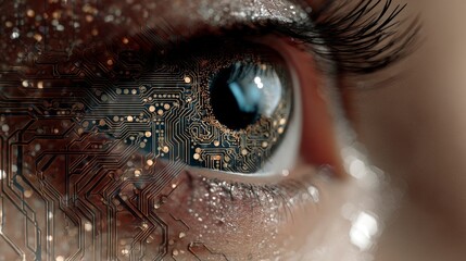 Close-up of a human eye with a circuit board design integrated into the iris. Glimmering highlights and intricate details define this futuristic visual