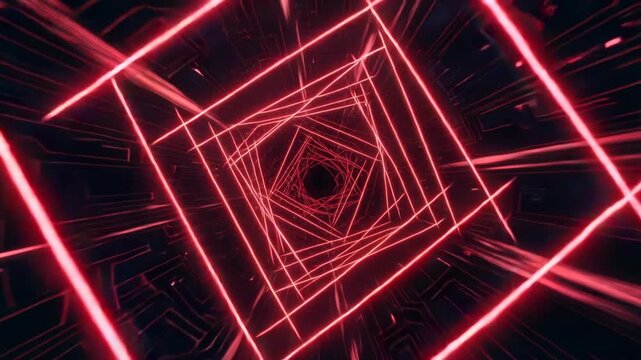 An abstract visual featuring a dark tunnel with repeating red neon geometric squares creating an infinite effect. Includes glowing circuit patterns