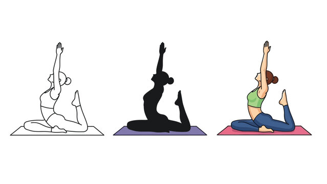 Set of three illustrations of a woman performing the one legged king pigeon yoga pose eka pada rajakapotasana in outline, silhouette and full color versions