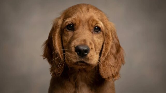 A charming portrait of a young golden Cocker Spaniel puppy against a soft brown textured background. The puppy has a sweet expression and detailed