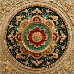 Ornate Floral Design with Gold Accents in Circular Pattern
