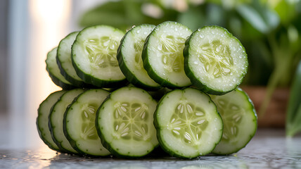 Crisp Green Cucumber Slices on Reflective Surface with Minimalist Background