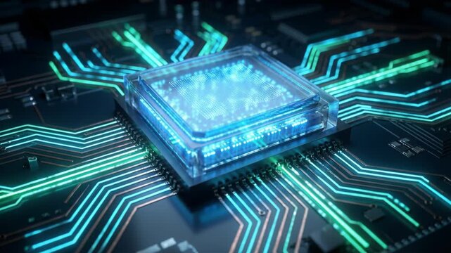 Close-up of a glowing blue central processing unit (CPU) on a dark circuit board with vibrant green and blue illuminated pathways