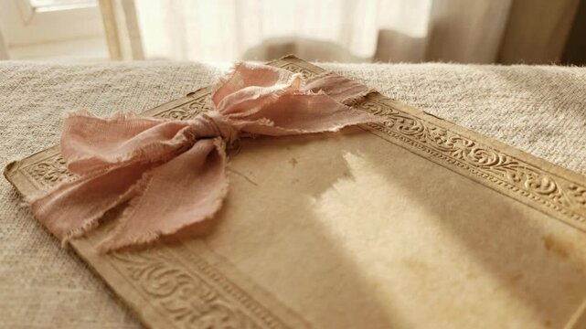 Close-up of an aged sepia photograph frame with an ornate border, adorned with a soft pink ribbon bow. Warm sunlight streams through a window