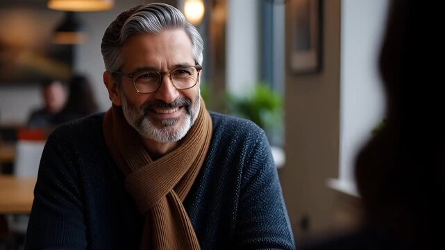 Engaging video captures a handsome mature man with distinguished grey beard, glasses, and a brown scarf smiling warmly.