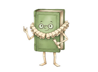 Whimsical green book character with glasses and scrolls