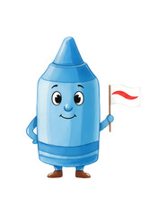 Crayon character holding flag with cheerful expression on face