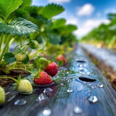 Fresh ripe strawberries growing in farm field with morning dew