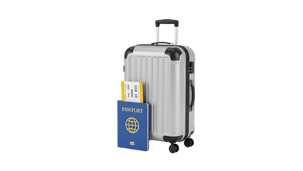 Silver suitcase with passport and tickets isolated on transparent background
