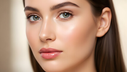Fototapeta premium High-end close-up beauty portrait of a woman with smooth natural skin texture and balanced facial features.