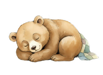 Cuddly teddy bear sleeping peacefully with a soft blanket