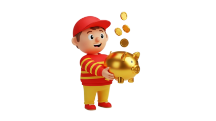 Cartoon boy with piggy bank isolated on transparent background