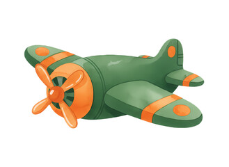 Vintage green airplane with orange accents in flight